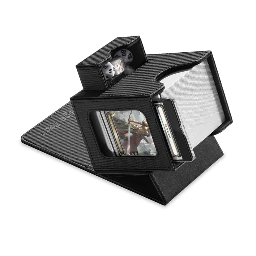 Mage Tech Card Deck Box for MTG Commander - Patented Design, Commander Display, Fits 100 Double-Sleeved Cards, 35pt Card Brick & Dice Tray - Justice Black