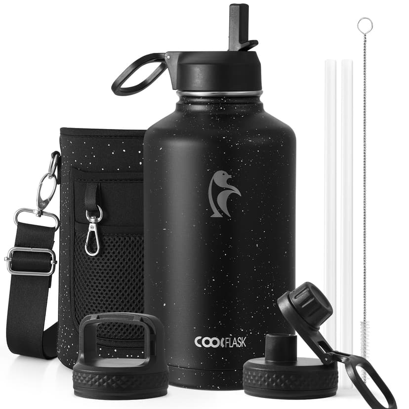 Coolflask 64 oz Insulated Water Bottle with Straw&3 Lids, Half Gallon Insulated Water Jug Galaxy Large Metal Stainless Steel Flask for Gym, Sports and Office, Keep Cold 48H Hot 24H, Starry Night