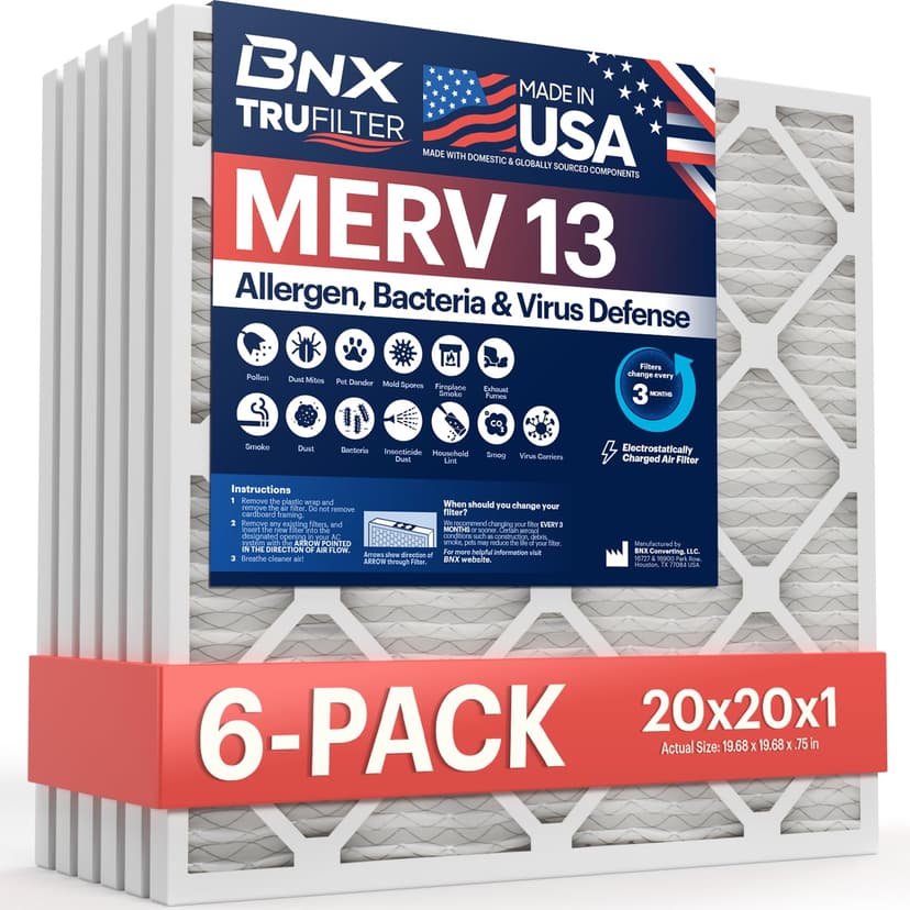 BNX TruFilter 20x20x1 Air Filter MERV 13 AC Filter, HVAC Furnace Filter, 6 Pack (ACTUAL SIZE 19.69"x19.69"x0.75") Allergies, Dust, Pet Dander & Smoke - MADE IN USA - MPR1500 / FPR 10