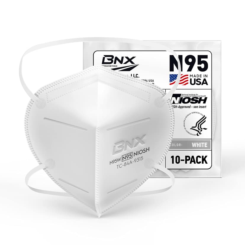 BNX N95 Mask NIOSH Certified MADE IN USA Particulate Respirator Protective Face Mask (10-Pack, Approval Number TC-84A-9315 / Model H95W) White