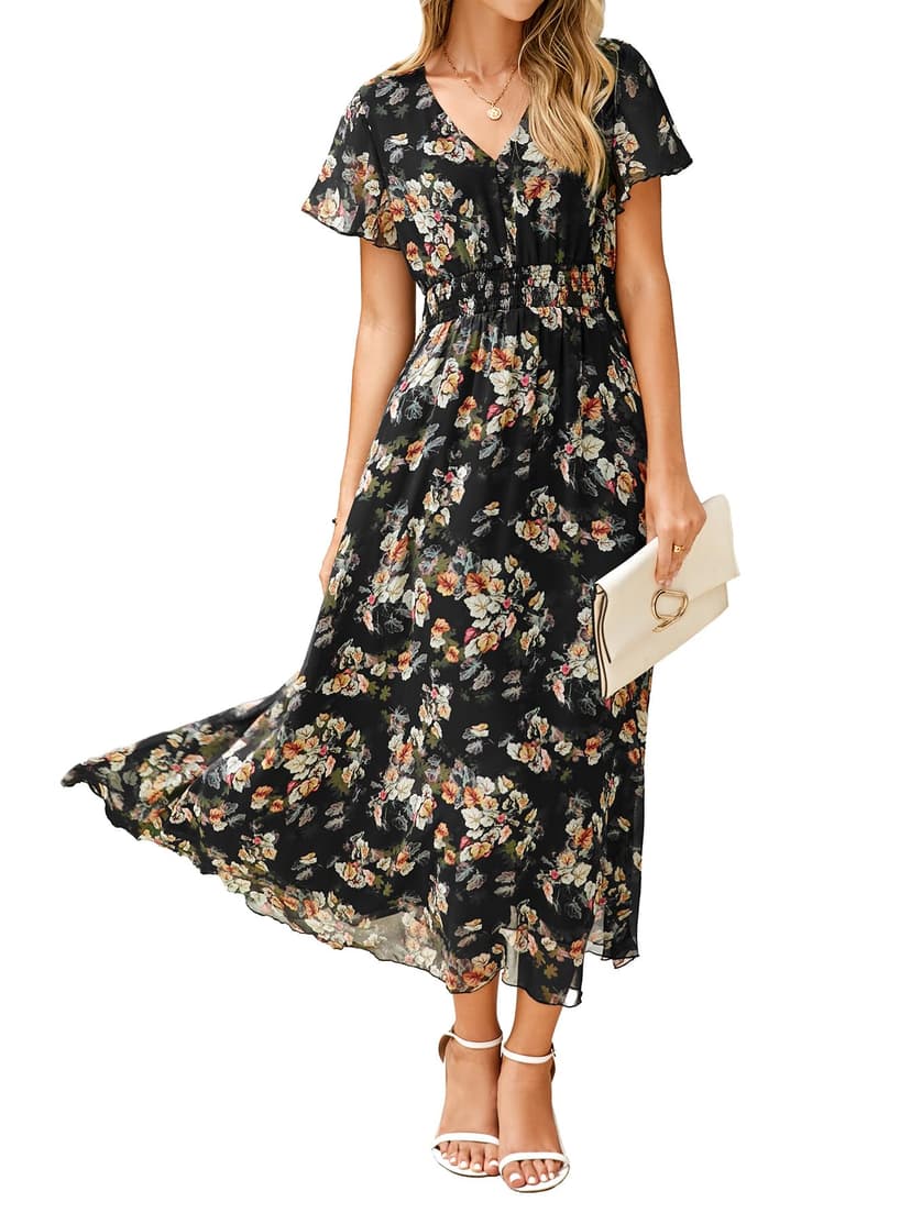 Simplee Womens Floral Maxi Dress - Short Sleeve Summer Boho Wedding Guest Dress Empire Waist Chiffon Modest Midi Dresses