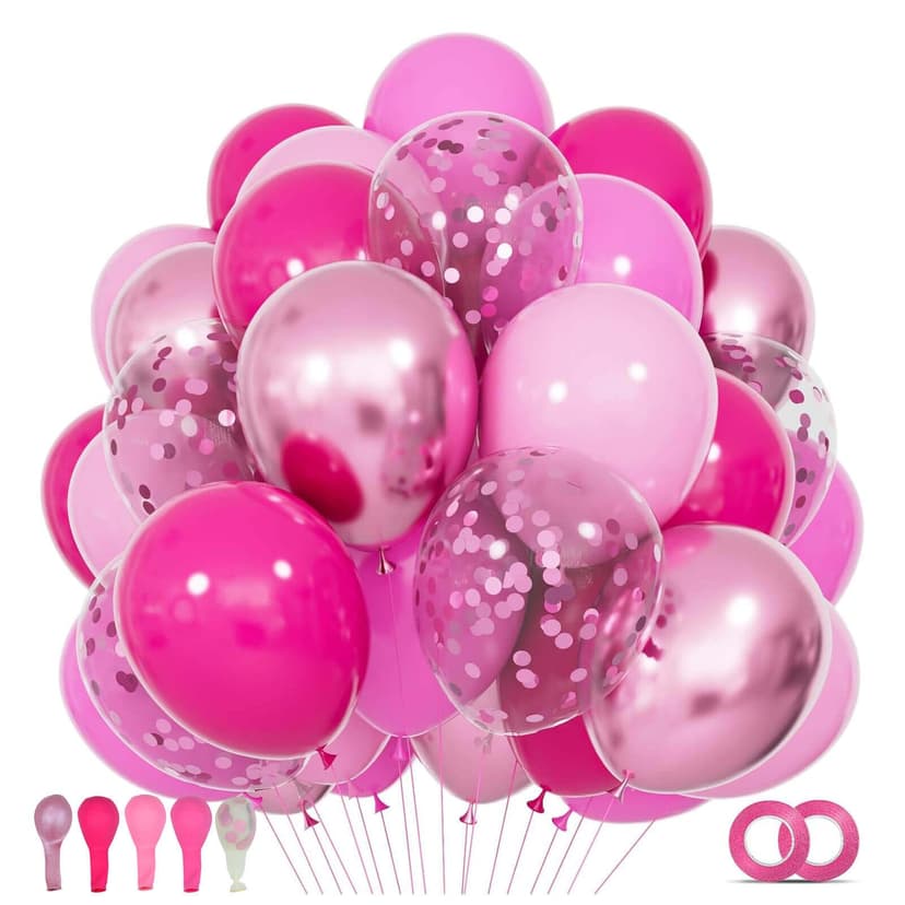 68Pcs Pink Balloons Kit 12 Inch Metallic Pink Balloon, Pink Confetti Balloon and Baby Pink Party Balloons with Ribbons for Birthday, Wedding, Baby Shower, Graduation Decorations.