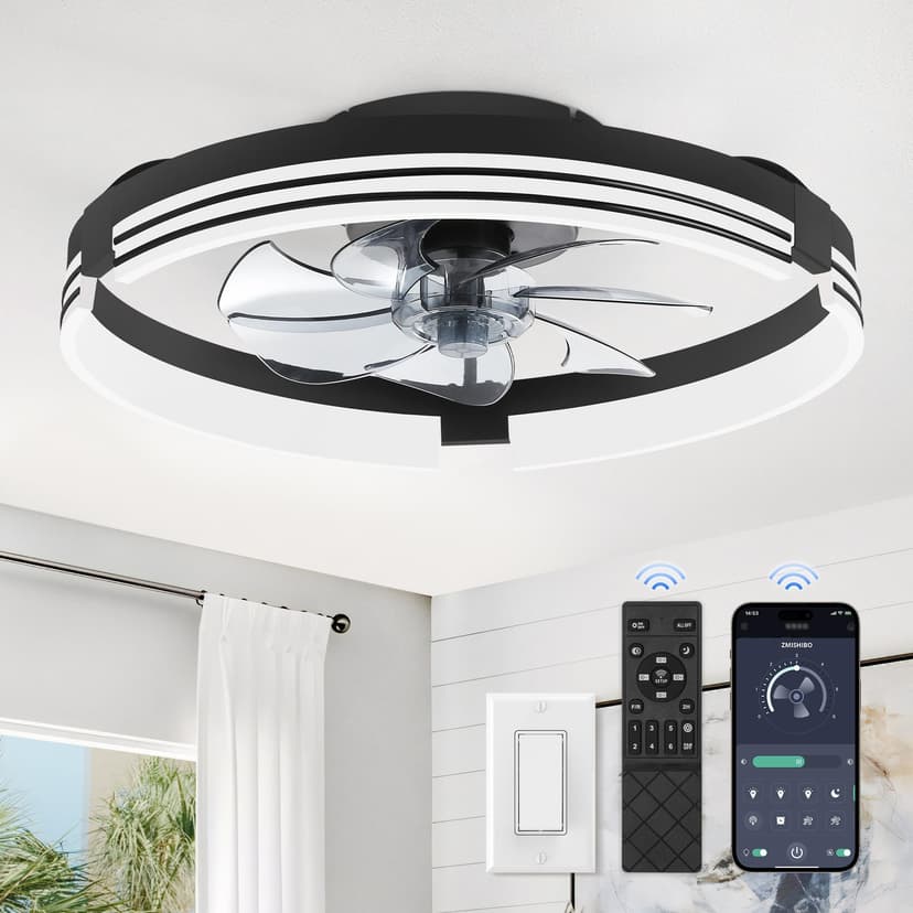 ZMISHIBO Low Profile Ceiling Fans with Lights and Remote, 20 Inch Flush Mount Ceiling Fan with Light, 3000K-6000K Dimmable Fandelier LED Fan Light, 6 Wind Speeds Black Ceiling Fans for Bedroom