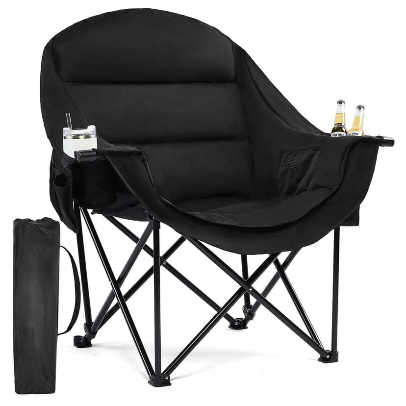 Oversized Camping Chairs for Adults - Heavy Duty Padded Outdoor Folding Lawn XL Camp Chair with Cup Holder Cooler Pockets for Outside Sports Beach Fishing Garden Portable Supports 500lbs, AllBlack