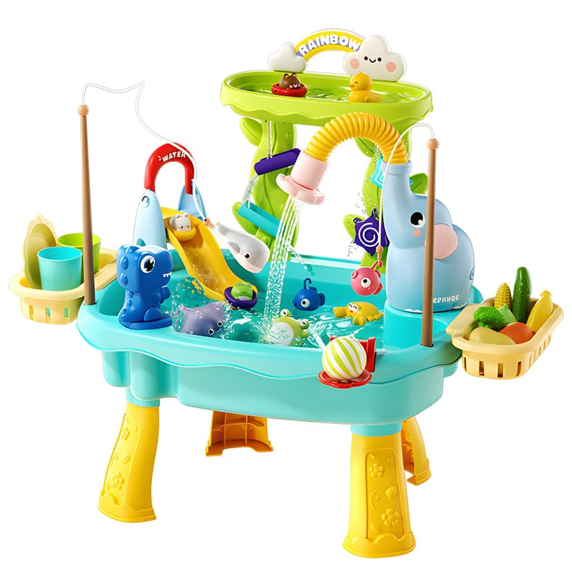 HUASHILUO 2027 Upgraded 4-in-1 Water Table for Toddlers 1-3, Kids Sensory Table with Electric Water Pump & Faucet, Kitchen Play Sink Toys with Food Accessories, Fishing Toy (NEW Blue)
