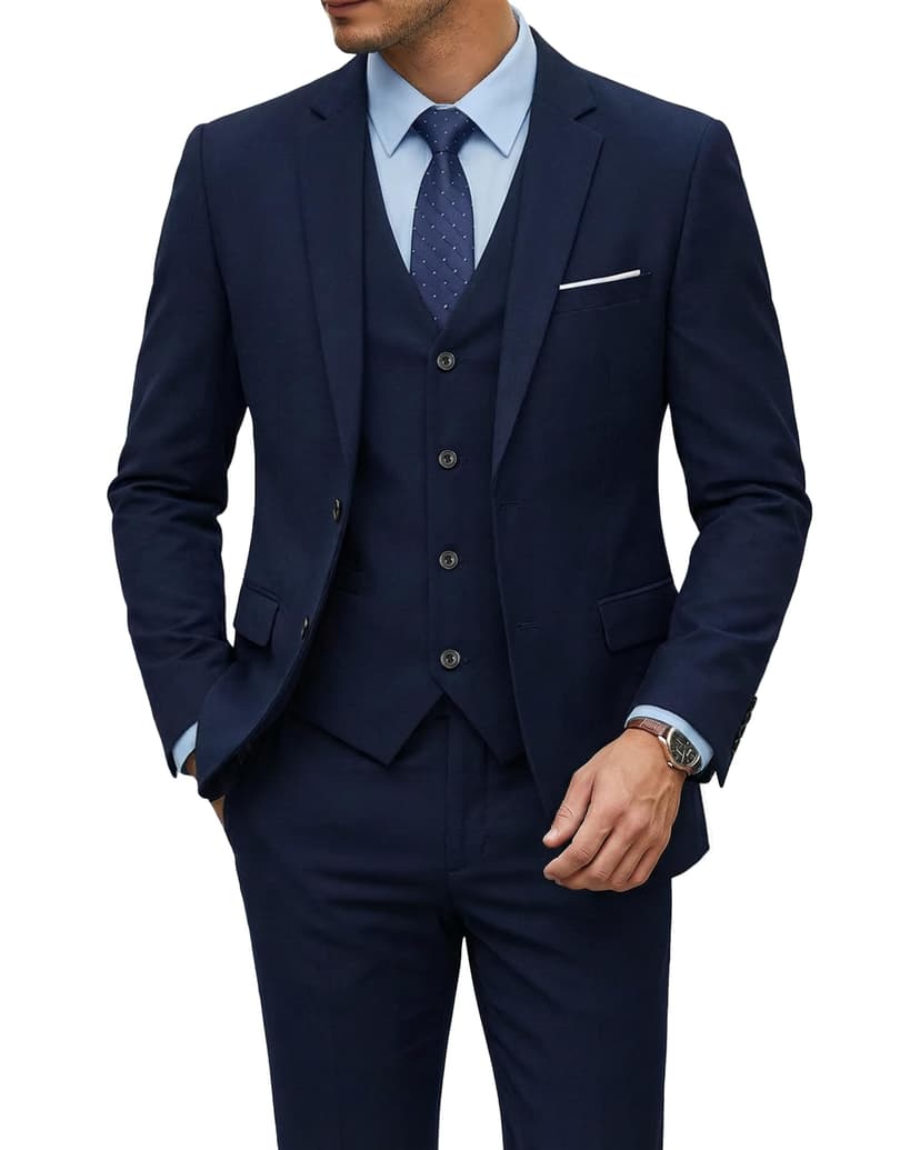 YND Men's 3 Piece Suit Set with Tie, 2 Button Slim Fit Solid Blazer Jacket Vest Pants, Business Wedding Party Suits for Men