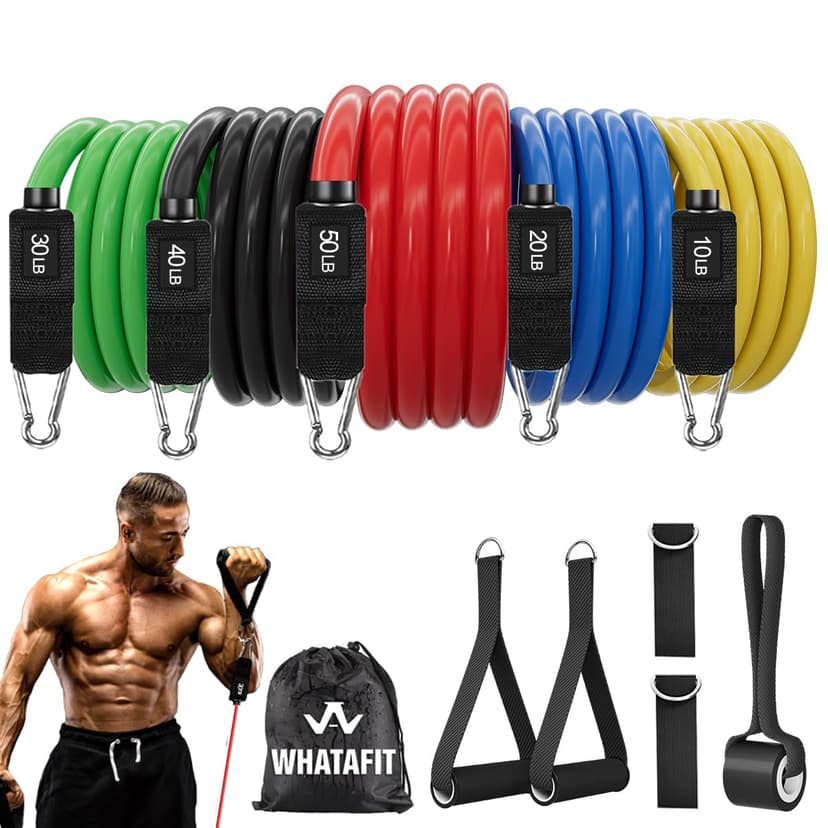 WHATAFIT Resistance Bands, Exercise Bands, Workout Bands with Handles, Door Anchor and Ankle Straps, 5 Resistance Levels Fitness Bands for Strength Training, Physical Therapy, and Home Gym Equipment