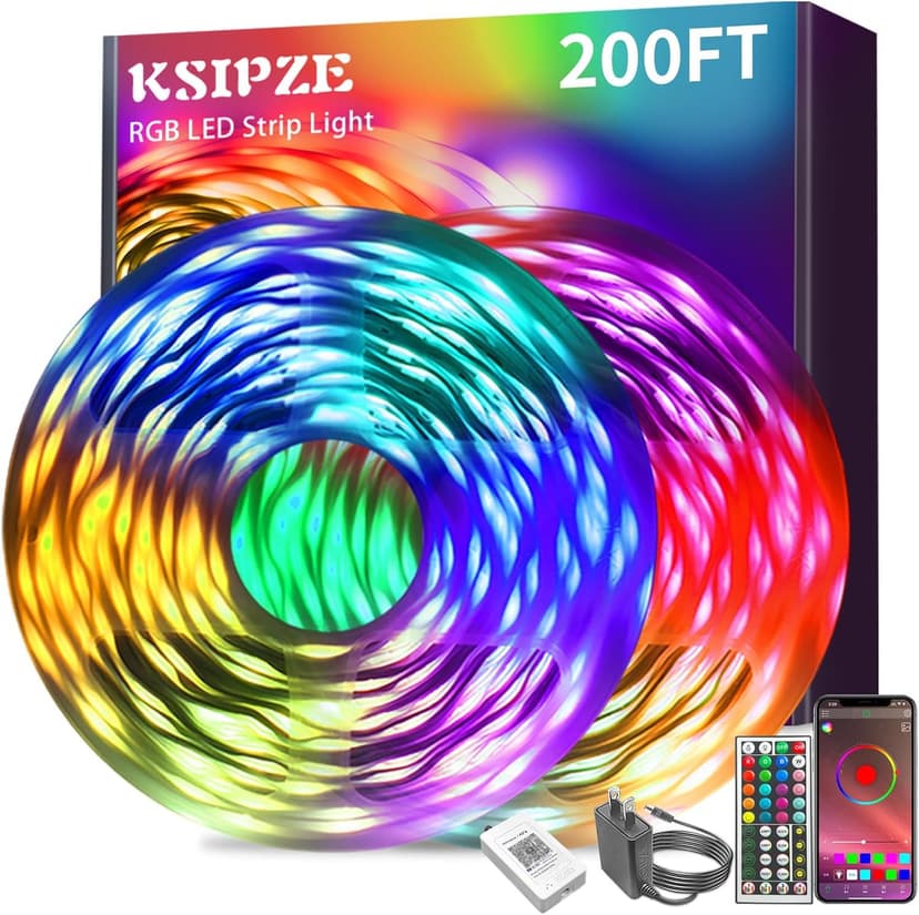 KSIPZE Led Strip Lights 200ft(2x100ft) RGB Music Sync Color Changing Bluetooth Led Lights with Smart App Control Remote Led Lights for Bedroom Room Lighting Flexible Home Décor