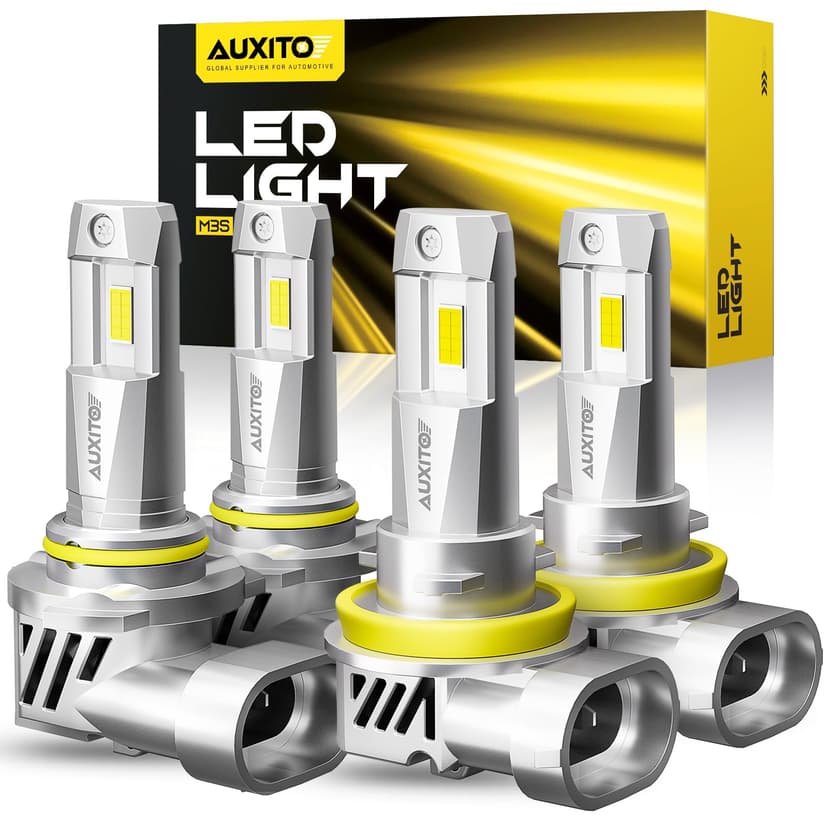 AUXITO Upgraded 9005/HB3 H11/H8/H9 Bulbs Combo, 900% Highly Bright 6500K Cool White, Real 1:1 Mini Size, Canbus Direct Install Plug and Play, Pack of 4
