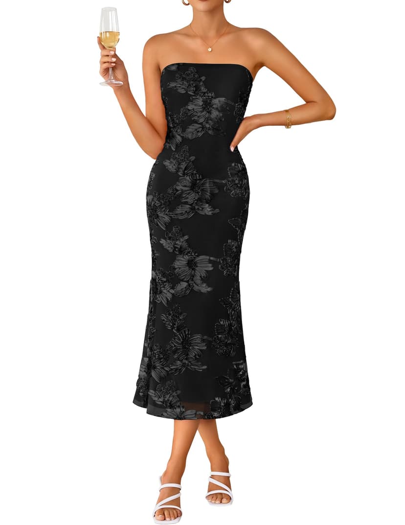 ZESICA 2026 Summer Strapless Floral Cocktail Wedding Guest Dress for Women | Formal Bodycon Mesh Tube Midi Dresses, Elegant Bridal Shower Bridesmaid Birthday Holiday Dinner Party, Fashion Evening Gown