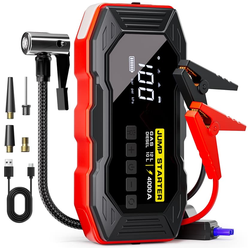 Jump Starter with Air Compressor 4000A Portable Car Battery Jump Starter (All Gas/10L Diesel), 160PSI Auto-Shutoff Tire Inflator Air Compressor, SuperSafe 12V Jump Box Car Battery Jumper Booster