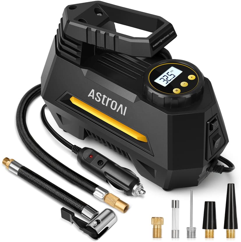 AstroAI AIRUN H Tire Inflator Portable Air Compressor, 12V DC Tire Inflator, Auto Shut-Off with Digital Pressure Gauge & LED Light, Fast Inflation for Car, Motorcycle, Bike Tires, 9.8Ft Cord, Yellow