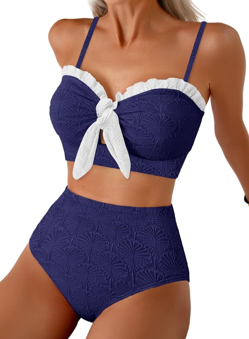 Herseas Women's Seashell Textured Bikini Sets Knotted Front 2 Piece Swimsuits Ruffle Trim Bathing Suits