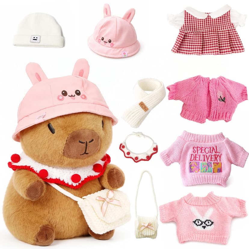 TITQWOP 10.2" Pink Capybara Plush Toy with 9 Clothes and Accessories | Super Soft Capybara Stuffed Animal for Kids Girls Boys