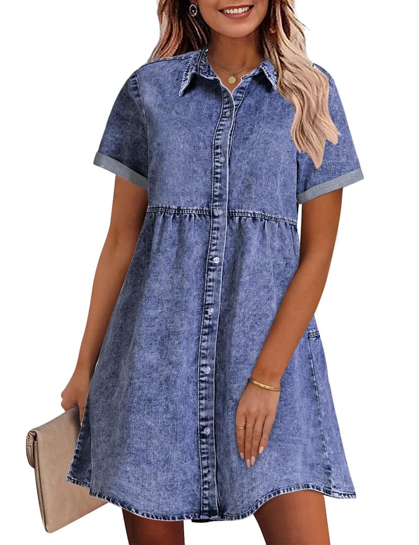 GRAPENT Denim Dress for Women Babydoll Tiered Short Sleeve Button Down Jean Shirt Dresses