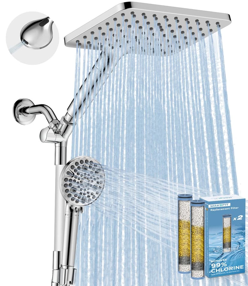 MakeFit Dual Filtered Rain Shower Head Combo, High Pressure Handheld Shower Head with Adjustable Bar - Rainfall Shower Head And Showerhead with Filter for Hard Water - Removes Chlorine