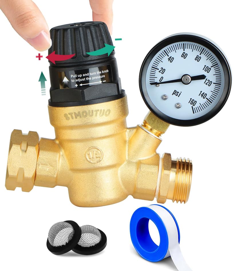 STMOUTUO RV Water Pressure Regulator Valve for Camper. Lead-Free Brass. | Complies with NSF 372 standards Lead-Free Brass, Reducer with Adjustable Gauge, Fits Travel Trailer, Motorhome, Caravan.