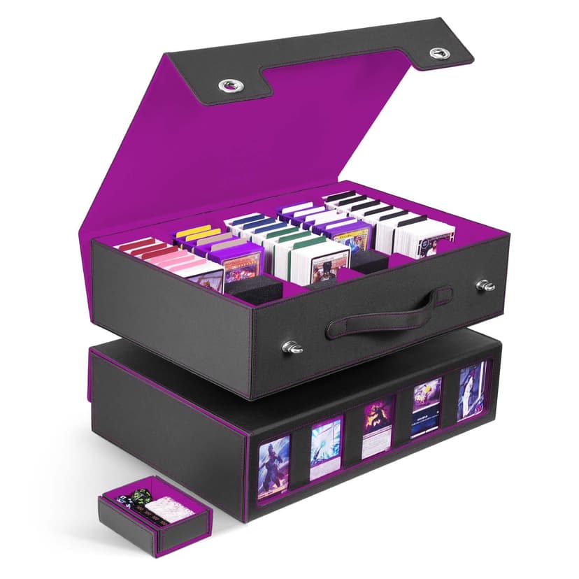 ZLCA Trading Card Storage Box 5-Row with Handle, MTG Storage Box | Holds 3900+ Cards with Commander Display, Top Loaders Organizer Case for TCG PTCG Sport Card(Black&Purple)