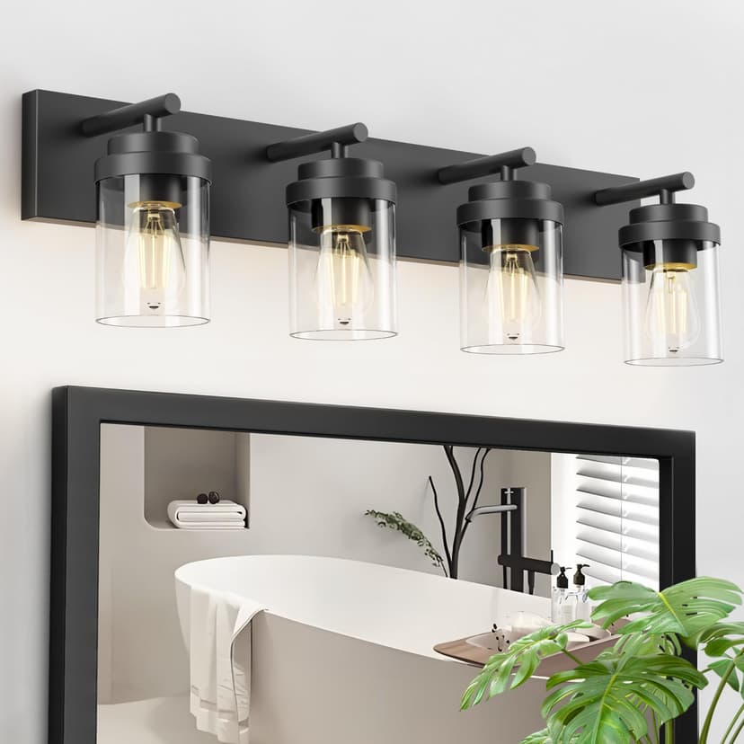 IZORRO Bathroom Vanity Light Fixture, 4-Light 30 Inch Matte Black Bathroom Light Fixtures Over Mirror, with Clear Glass Shade, Modern Farmhouse Vanity Lights, Rustic Restroom Lighting Fixtures