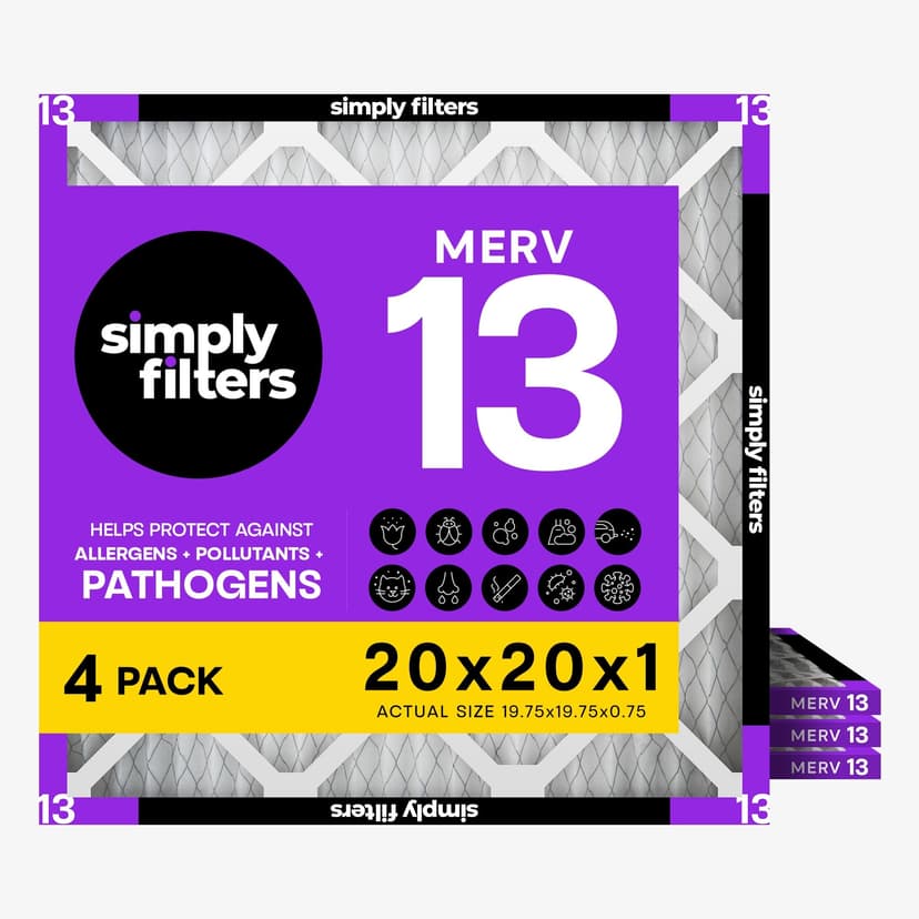 Simply 20x20x1 Air Filter, Merv 13, 4 Pack, For Home AC Furnace & HVAC (Actual Size: 19.75"x19.75"x0.75") DUST, Pet, & Allergy Control
