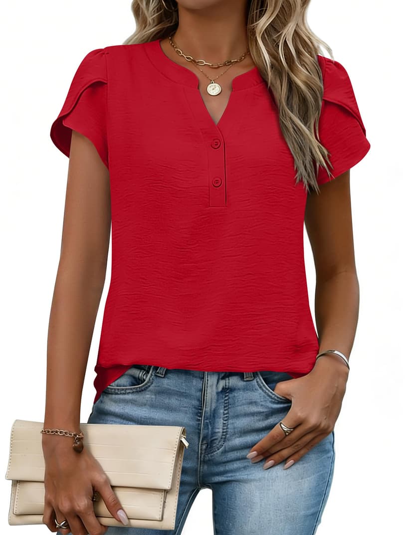 Zeagoo Womens Tops Dressy Casual Textured Blouses Cap Short Sleeve Shirts V Neck Button Up Summer Spring Work Tshirt Clothes
