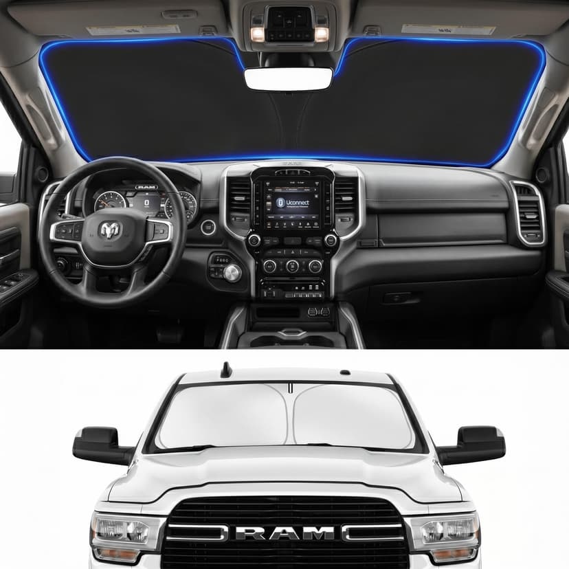 PinBaoLaLa for Dodge RAM 2500 3500 Windshield Sun Shade 2010-2025 2026 - Foldable Windshield Sunshade Cover Front Window Shade Custom Fit RAM 2500 3500 Accessories Sun Visor Protector Blocks UV Rays