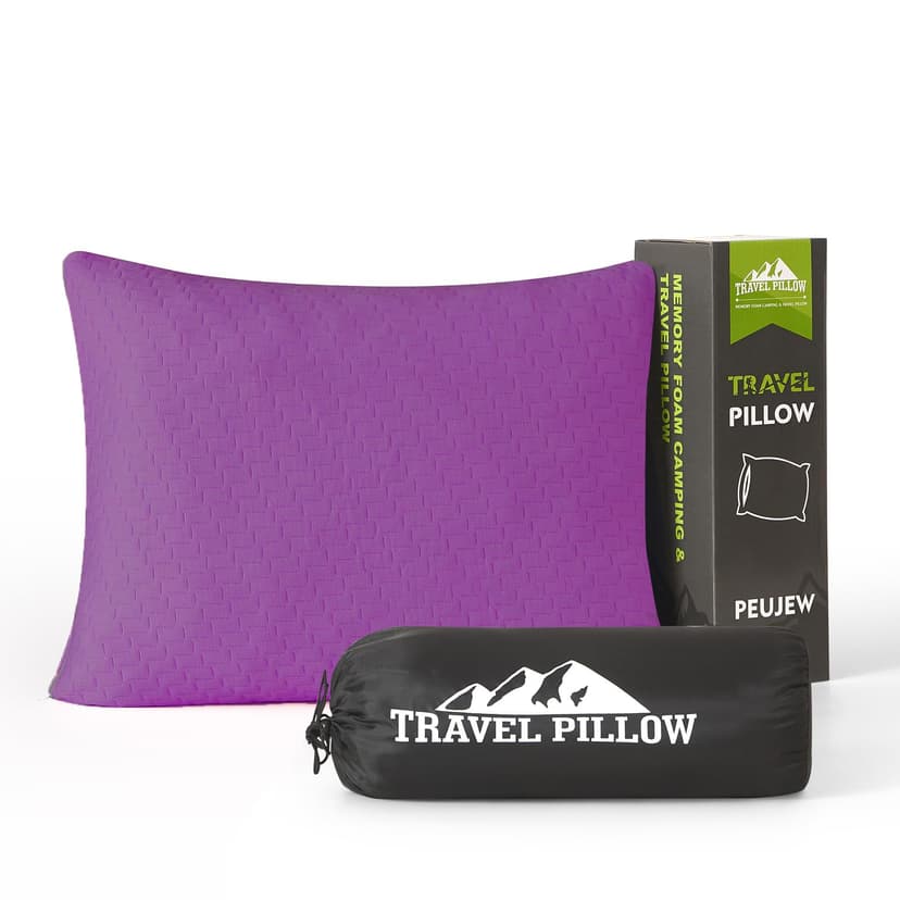PEUJEW Small Shredded Memory Foam Pillow, Camping Pillow Travel Pillow - Compressible Medium Firm, Breathable Cover, Ideal Backpacking Hiking, Airplane and Car (Purple, M)