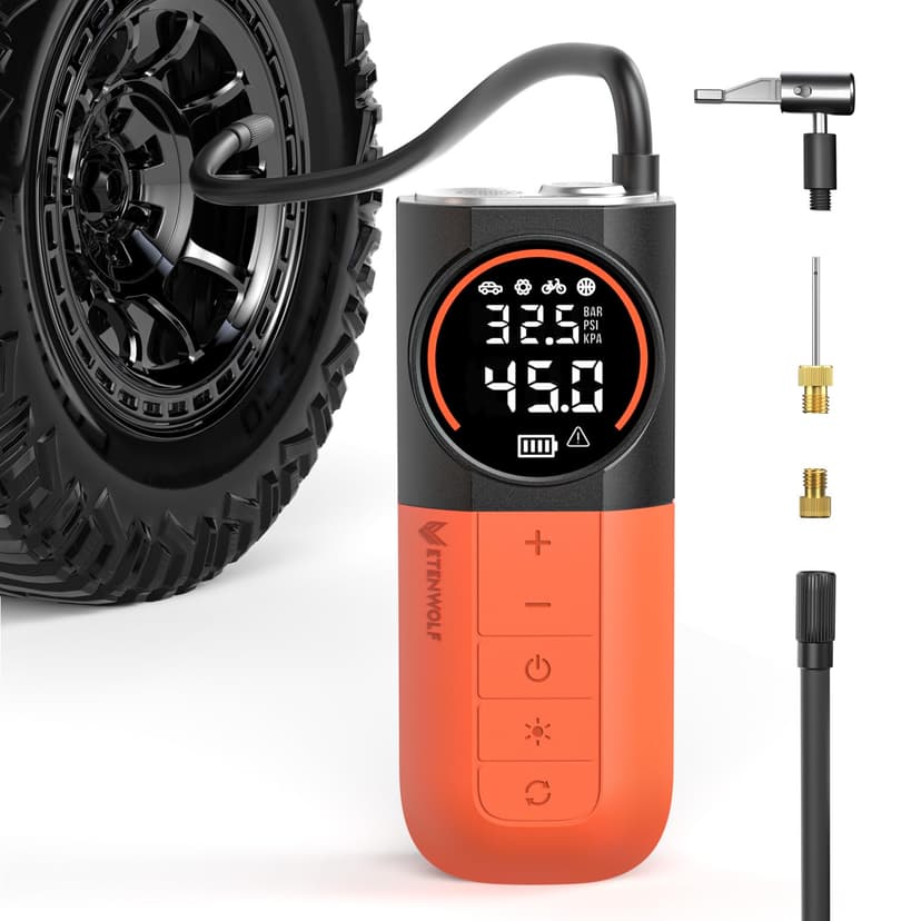 ETENWOLF S1 Tire Inflator Portable Air Compressor, 160PSI Cordless Air Pump | Fast Inflation,Tire Pump for Car Tires,Motorcycle,Balls,Bike Pump with LED Light, Auto Shut-Off,Digital Pressure Gauge,Ora