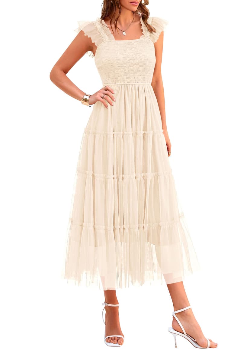 PRETTYGARDEN Women's Summer Smocked Midi Tulle Dress | Sleeveless Square Neck A Line, Flowy Tiered Mesh, Spring Semi Formal Wedding Guest Outfits, Homecoming Prom Party Dresses