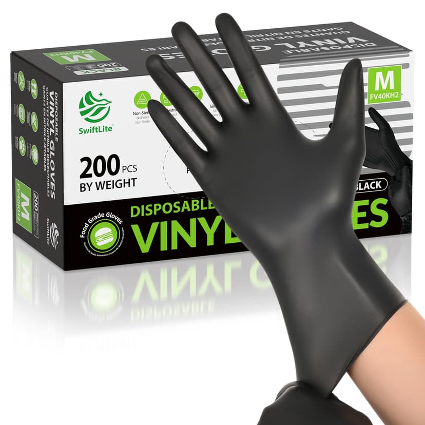 SWIFTLITE Black Vinyl Gloves, Food Grade Gloves Disposable Latex Free & Powder Free, Guantes for Cleaning Cooking Food Prep
