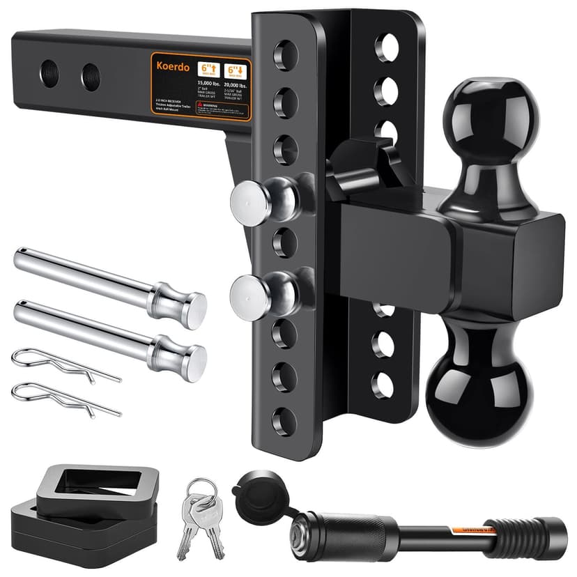 Adjustable Trailer Hitch -Drop Hitch-Tow Hitch with 2 inch Receiver-6inch Drop/Rise, 2" & 2-5/16" Ball Hitches for Trucks, 20,000 LBS GTW, Trailer Hitches with Anti-Theft Pin, Black