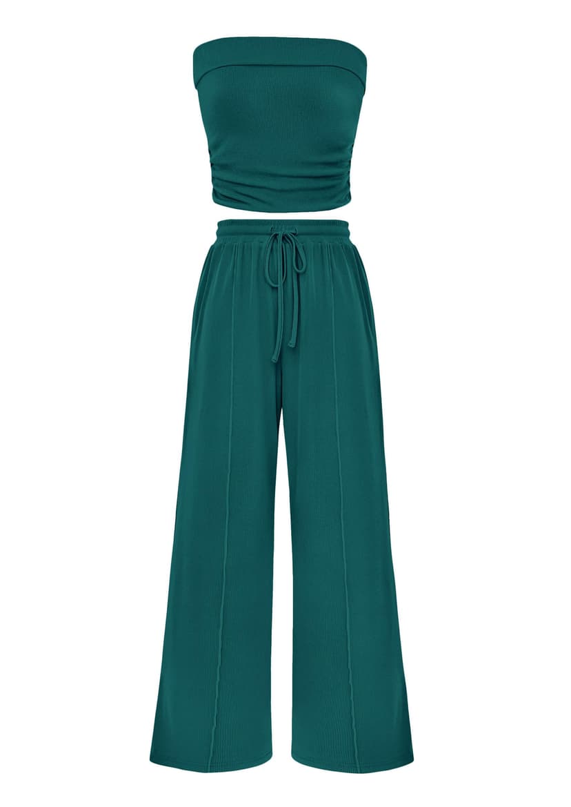 PRETTYGARDEN Womens Summer Outfits 2 Piece Sets Casual Ribbed Knit Crop Tube Top Wide Leg Pants Spring Matching Lounge Set
