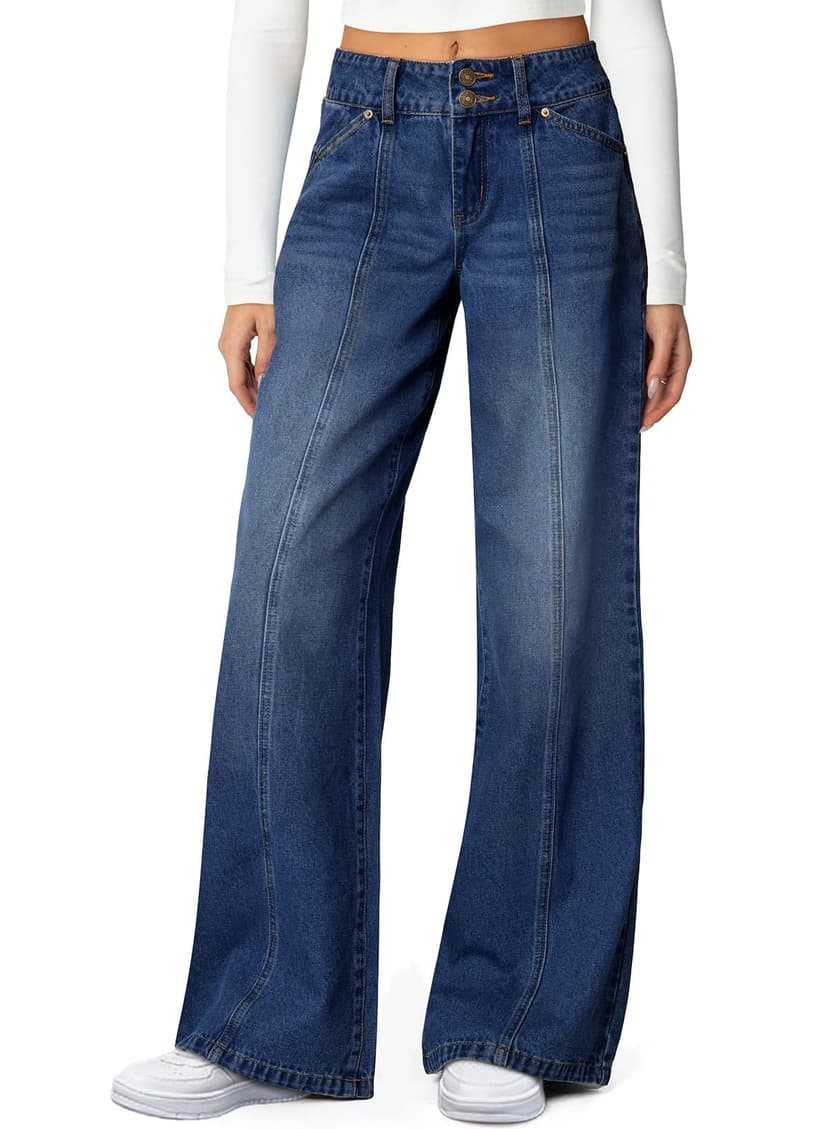 Sidefeel Women's High Waisted Wide Leg Stretchy Jeans | Soft Comfy Denim Pants, Seamed Front, Full Length, Double Buttons, Relxed Fit Trendy Jeans with Pockets, Casual Daily Wear