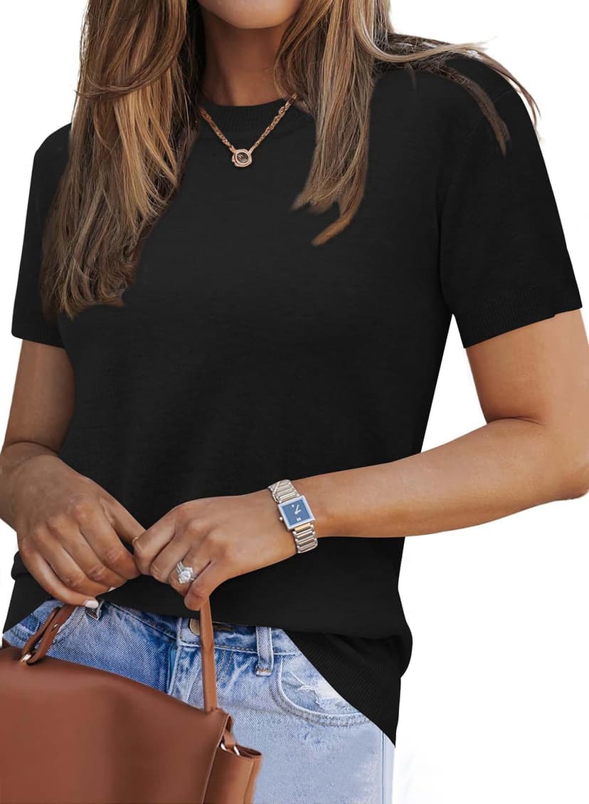 Arach&Cloz Women's Lightweight Wool Blend Short Sleeve Sweater Top Business Casual