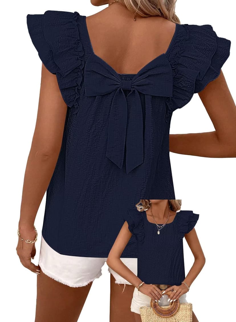 Falechay Womens Bow Tie Back Tops Round Neck Ruffle Short Sleeve Shirts Cute Babydoll Chiffon Tee Women Summer Trendy Tunic