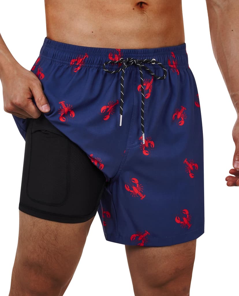 Gleeease 5inch Mens Swim Trunks with Compression Liner Pockets Drawstring Quick Dry Stretch Lined Funny Beach Swimming Surf
