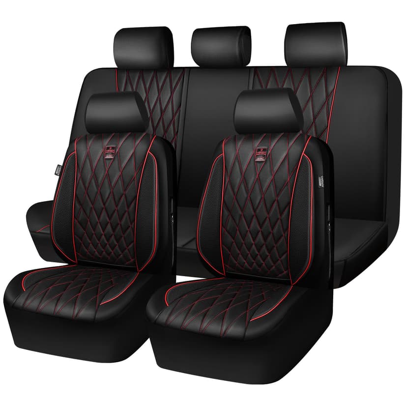 CAR PASS Piping Luxury Leather Seat Covers Full Set,5 Seats Anti-Slip Waterproof Seat Covers Compatible with Front Armrests,Universal Fit for Sendan SUV Van Truck,Airbag Compatible,Black and Red