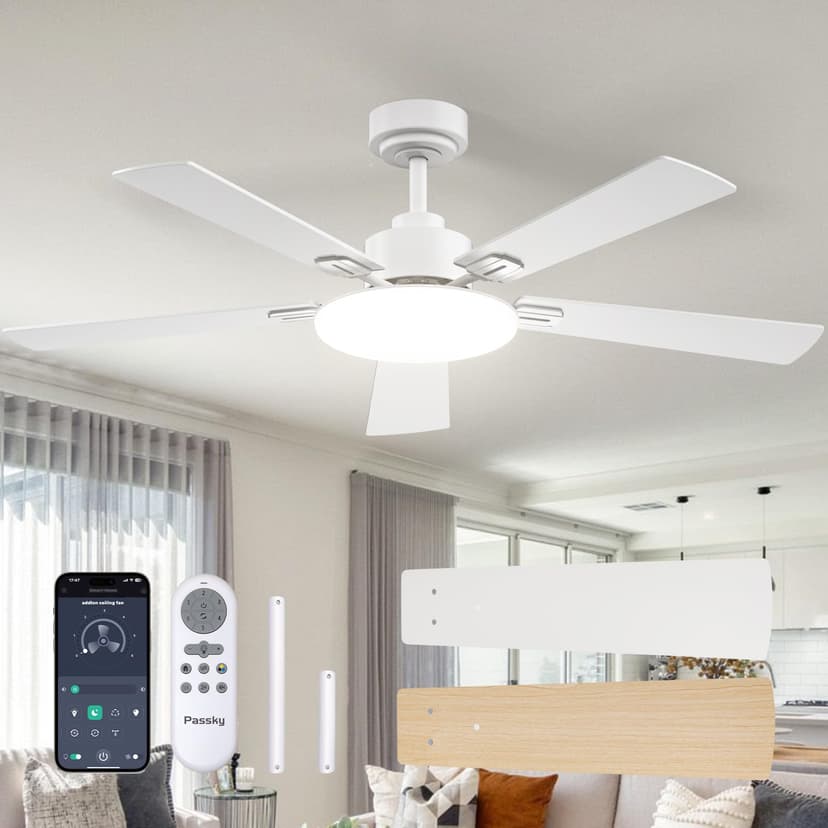 Passky 52 Inch White Sleek Ceiling Fans with Lights, Remote Control | 3-color dimmable light, quiet reversible DC motor, easy install, memory, Timer, APP, bedroom, covered outdoor areas