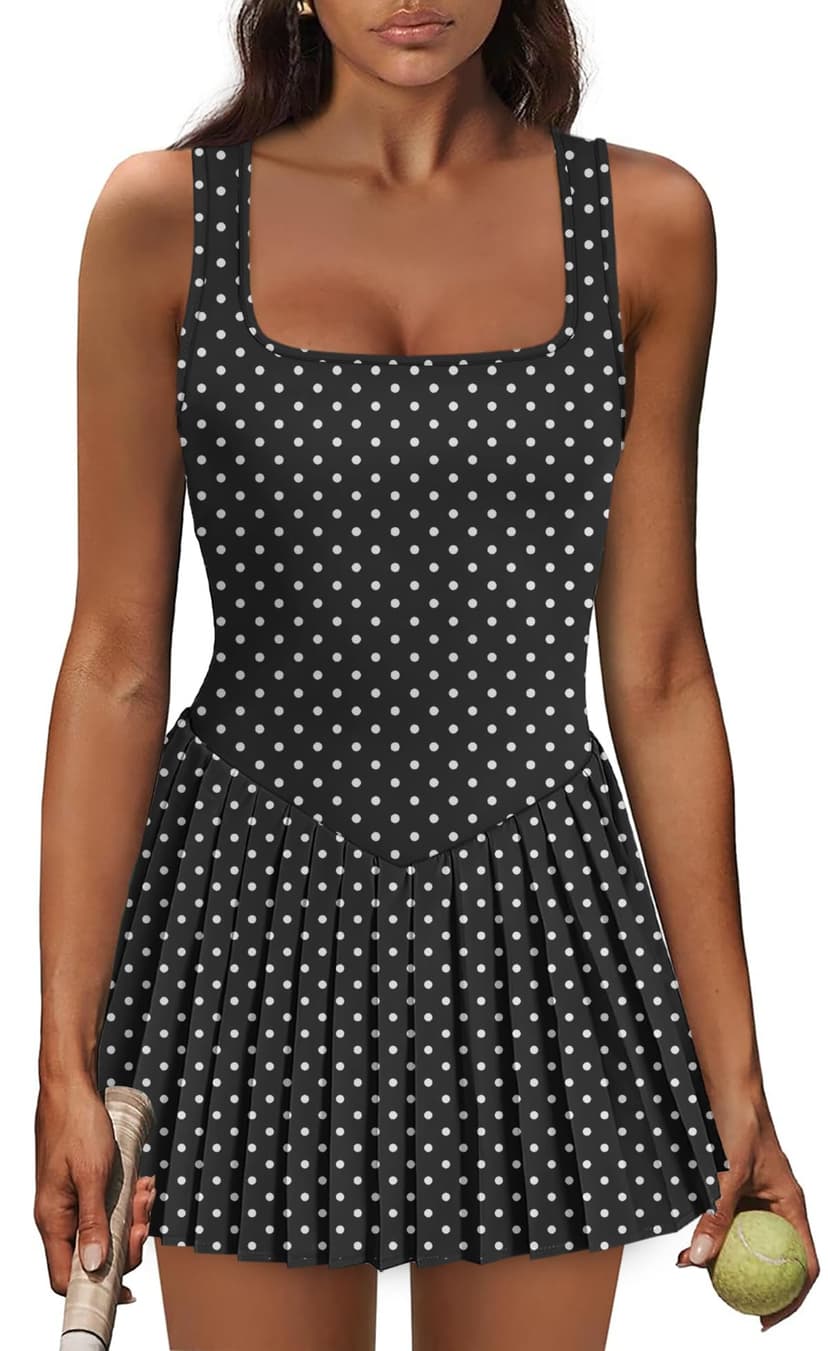 Athletic Dress for Women Built in Shorts U Neck Womens Tennis Dress Pleated with Pockets Sleeveless Golf Clothes