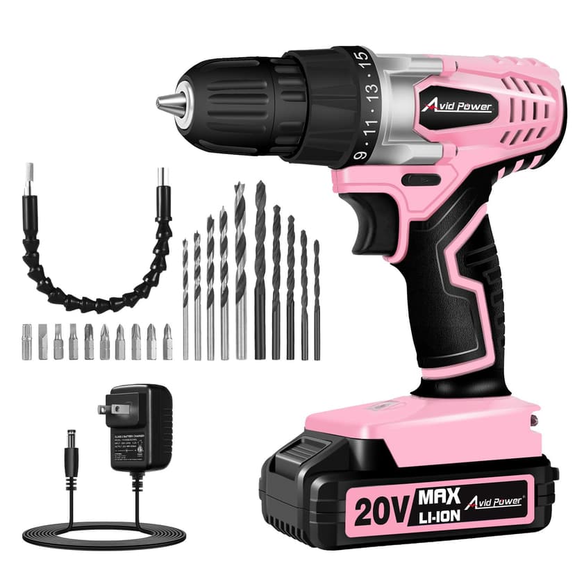 AVID POWER 20V Cordless Drill Set for Home DIY & Beginner Projects - Lightweight Power Drill with Battery Charger & 22 Bits, Variable Speed, 3/8" Keyless Chuck, Ideal for Furniture Assembly (Pink)