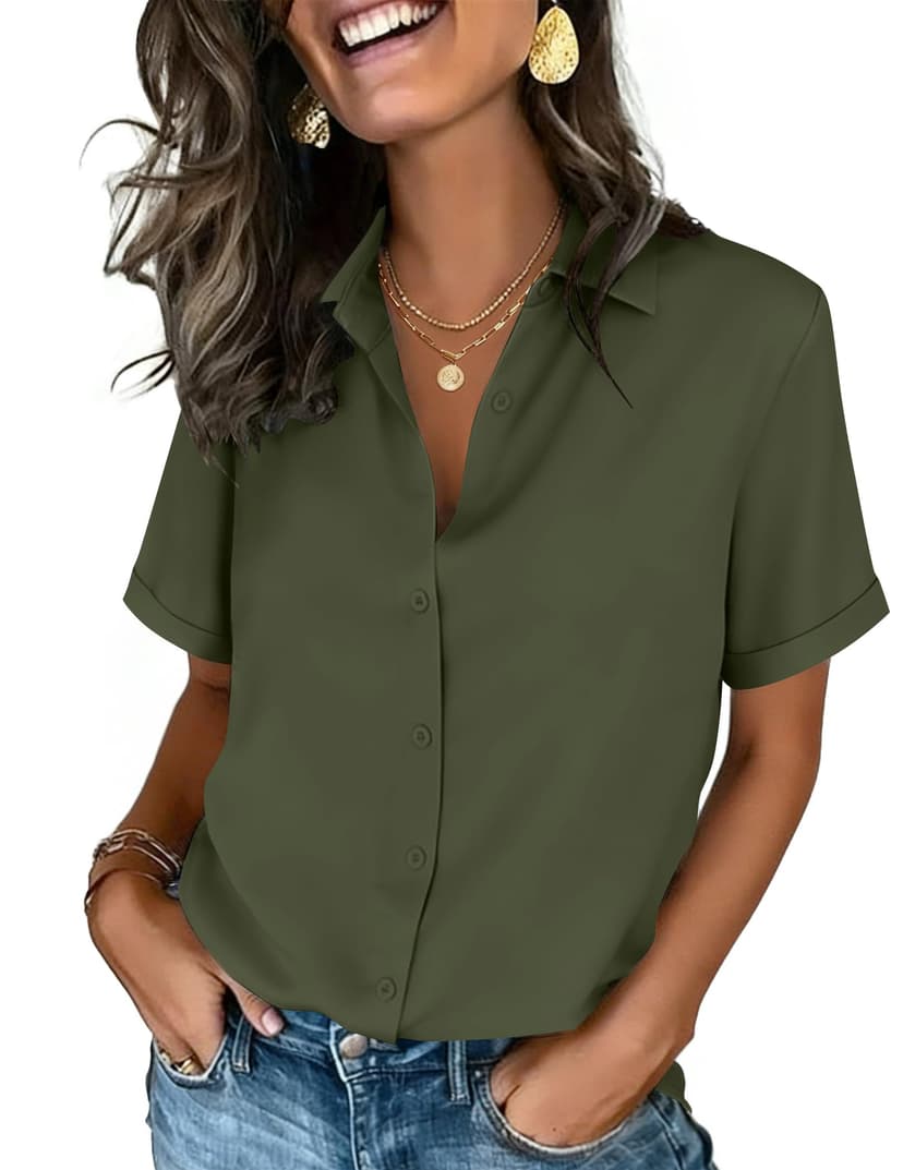 Zeagoo Button Down Shirts for Women Short Sleeve Collared Tops Dressy Casual V Neck Blouses