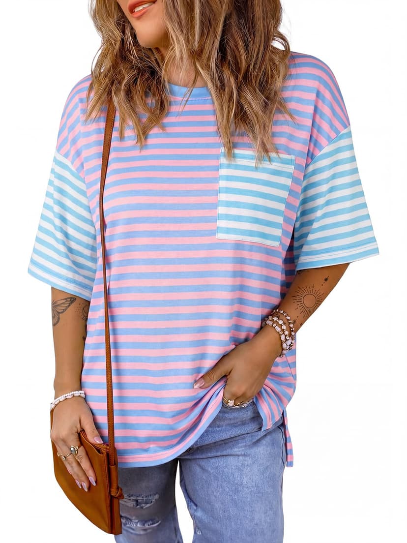 Womens Oversized Color Block Striped Tshirts Summer Casual Short Sleeve Tops Loose Fit Crew Neck Shirts