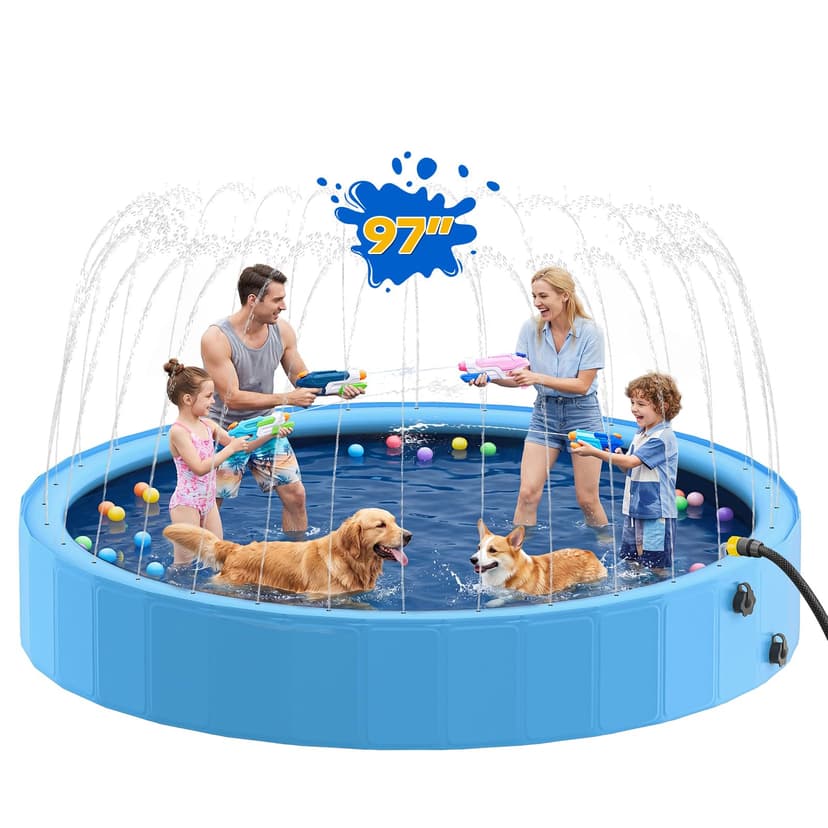 Raxurt 97" Foldable Kiddie Pool with Sprinkler, Heavy Duty Large Dog Pool for Large Dogs, Portable Pet Bathing Tub for Backyard Summer Water Play