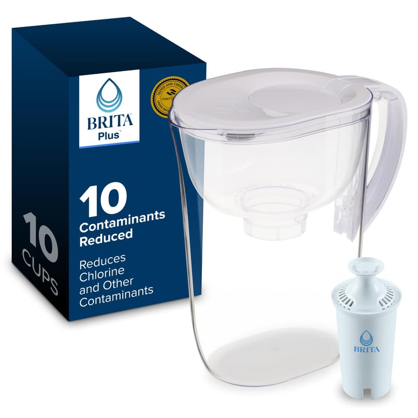 Brita Large 10-Cup Water Filter Pitcher with BritaPlus Filter, WQA NSF/ANSI Certified, Reduces 2X Contaminants vs. Standard, Removes Chlorine Taste & Odor, Reduces Zinc Copper Mercury & More, Clear