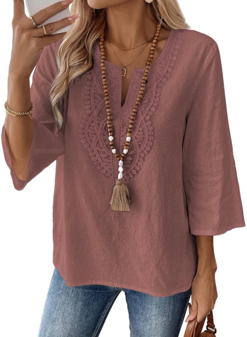 EVALESS Boho Tops for Women Blouses Dressy Casual V Neck 3/4 Sleeve Shirts Spring Outfits Trendy Vacation Clothes