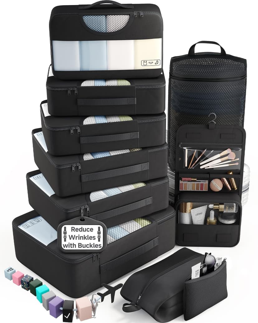 Veken 10 Set Packing Cubes for Travel Essentials,Anti-Wrinkle Buckled Suitcase Organizer for Shoe & Toiletry Bag,Carry On Luggage Bag for Airplane & College Dorm Room Accessories,Women Men Gifts