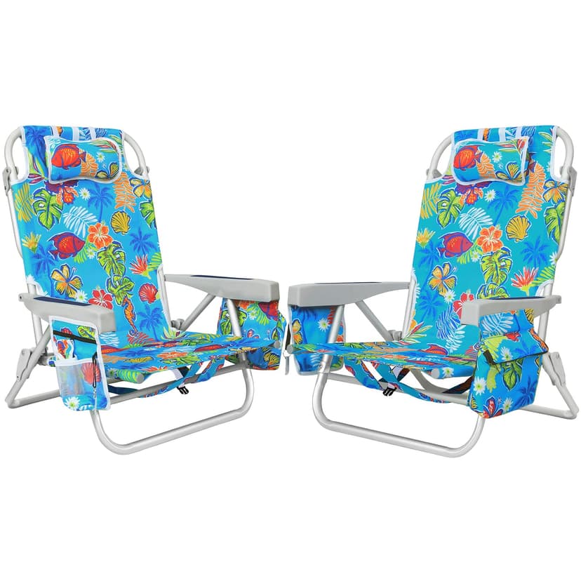 2Pk Aluminum Extra Wide 5-Position Lay Flat Folding Backpack Beach Chairs for Adults, with Cooler Bag, Cup&Phone Holder, Towel Bar for Outdoor Lawn Picnic Sport, Portable Camping Chairs,Tropical Print