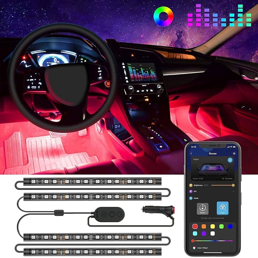 Govee Car LED Lights, RGB Smart Car Interior Lights, App Control | DIY Mode and Music Mode, 2 Lines Design LED Lights for Cars with Car Charger, 12V