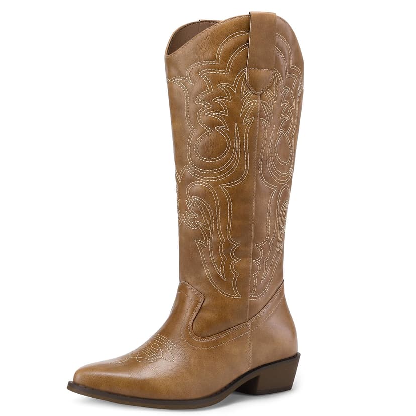 mysoft Women's Cowboy Boots Mid Calf Western Embroidered Pointed Toe Chunky Heel Pull On Cowgirl Boots Fit Medium Wide Width