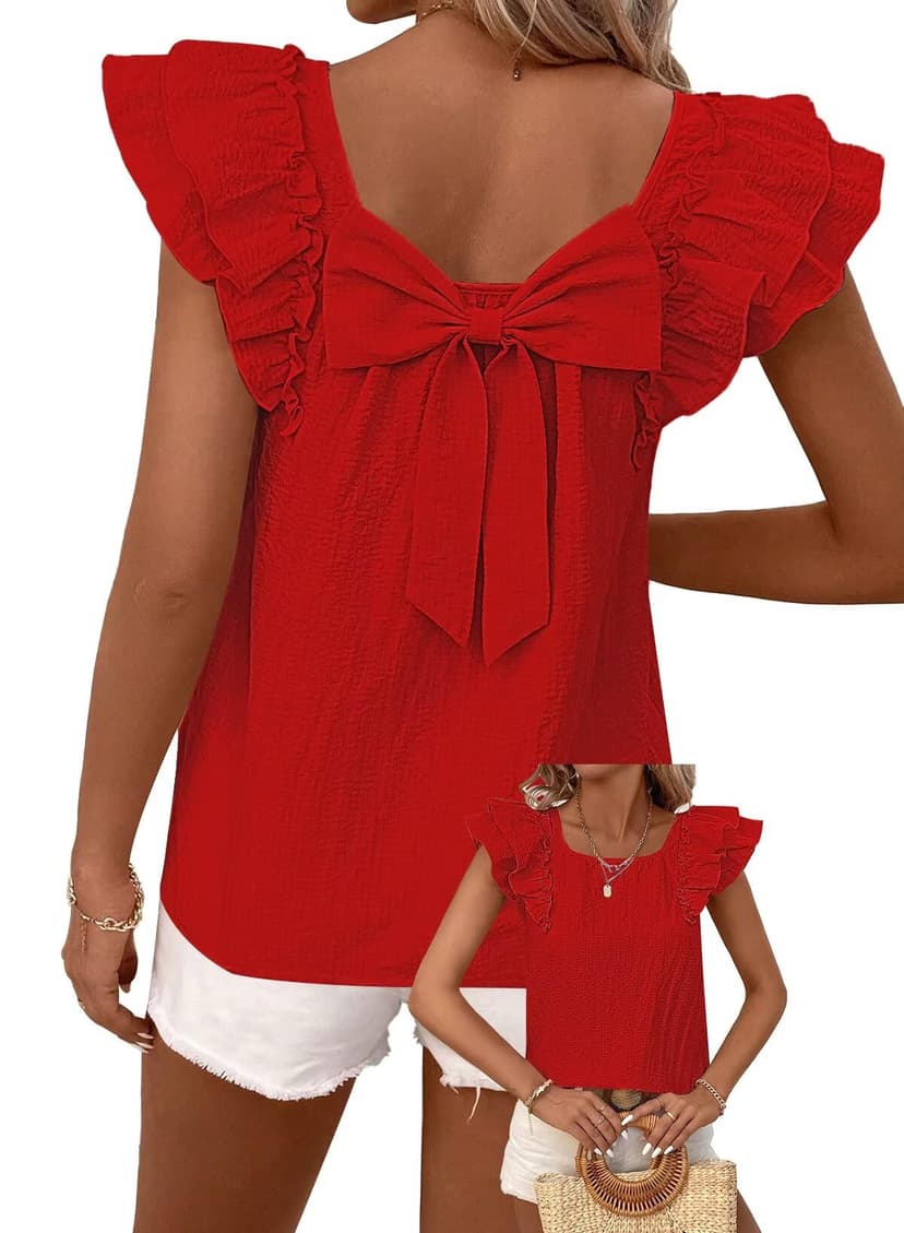 Falechay Womens Bow Tie Back Tops Round Neck Ruffle Short Sleeve Shirts Cute Babydoll Chiffon Tee Women Summer Trendy Tunic